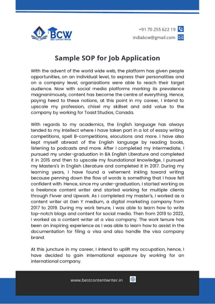 sample sop for job application interview