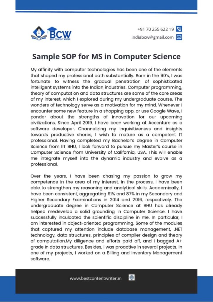 Best SOP For MS in CS - Perfect Sample