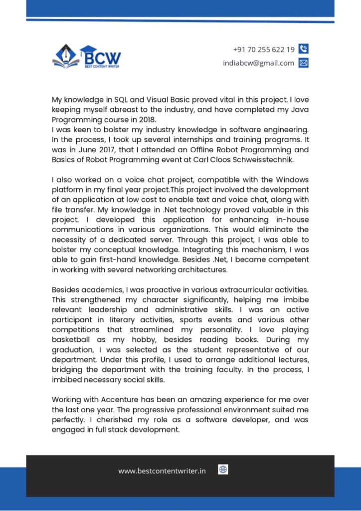 Professional Statement of purpose for Master in Computer Science - Sample Screenshot