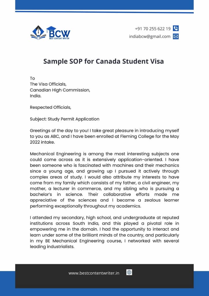 canada study visa sop sample