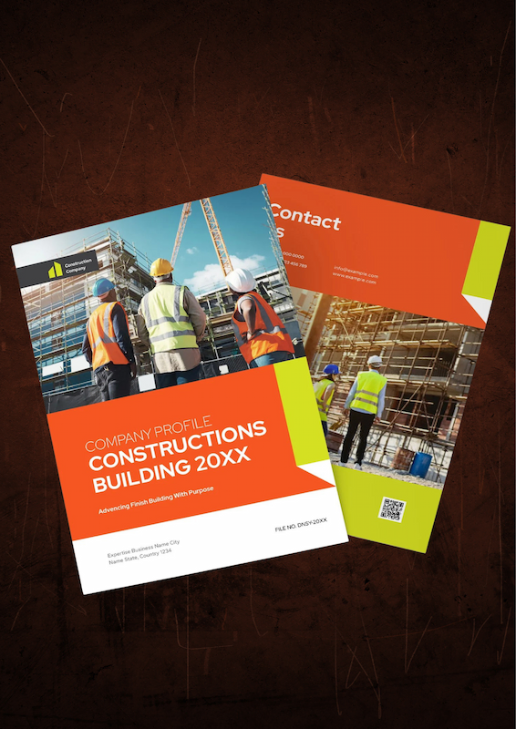 Construction company profile brochure design featuring engineers at building site with cranes and scaffolding – modern corporate flyer template for construction business promotion.