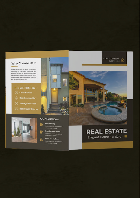 Modern real estate brochure design showcasing luxury home with pool, elegant architecture, and property details – premium house for sale marketing flyer template.