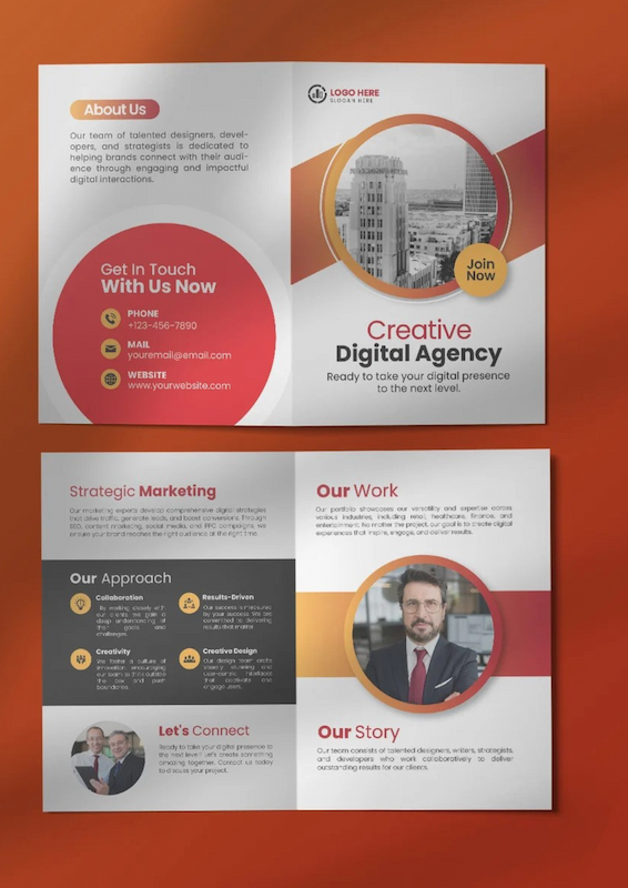 Creative digital agency company profile brochure design showcasing strategic marketing, creative design, and digital branding services in a modern red and orange layout.