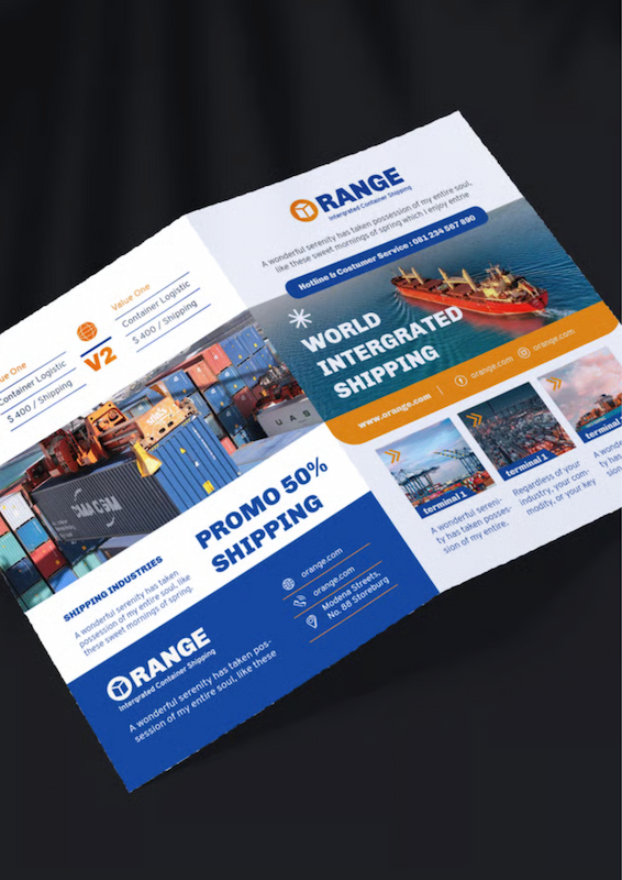 Shipping company profile brochure design showcasing world integrated shipping services, container logistics, and promo offers by Orange Shipping Industries.