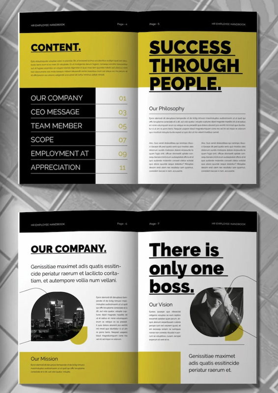Modern company profile brochure design showcasing HR employee handbook with mission, vision, and CEO message layout in yellow and black theme