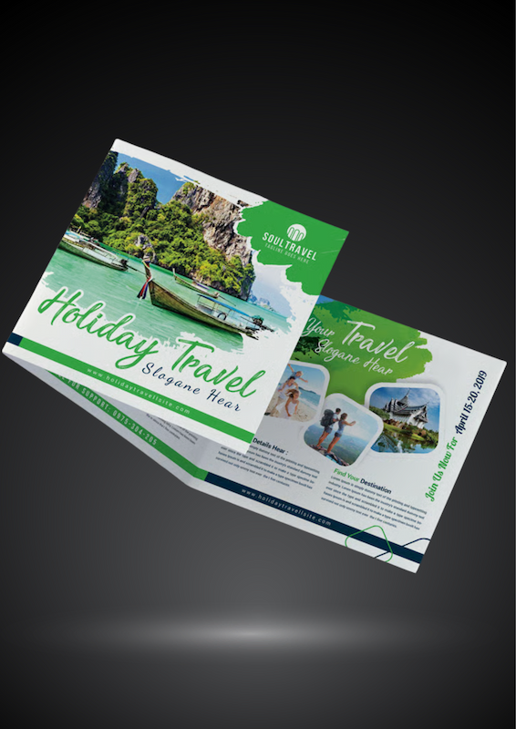 Holiday travel brochure design for Soul Travel agency featuring scenic beach destination, boat on turquoise water, and tropical landscape – vacation tour package flyer template for travel promotions