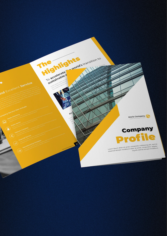 Professional company profile brochure design for Moris Company featuring modern yellow and white layout, corporate branding, and business highlights on a clean blue background.