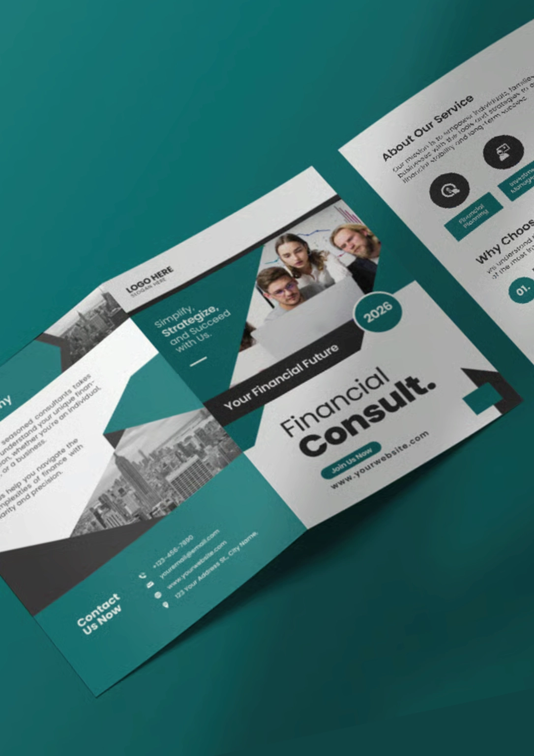 Financial consulting company profile brochure design showing professional team, business strategy, and financial planning services layout in teal and white theme.