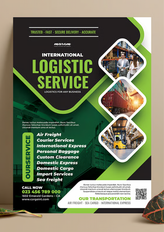 Professional logistics company profile design showcasing international logistic services including air freight, sea freight, courier, and cargo transportation with modern green-themed layout.