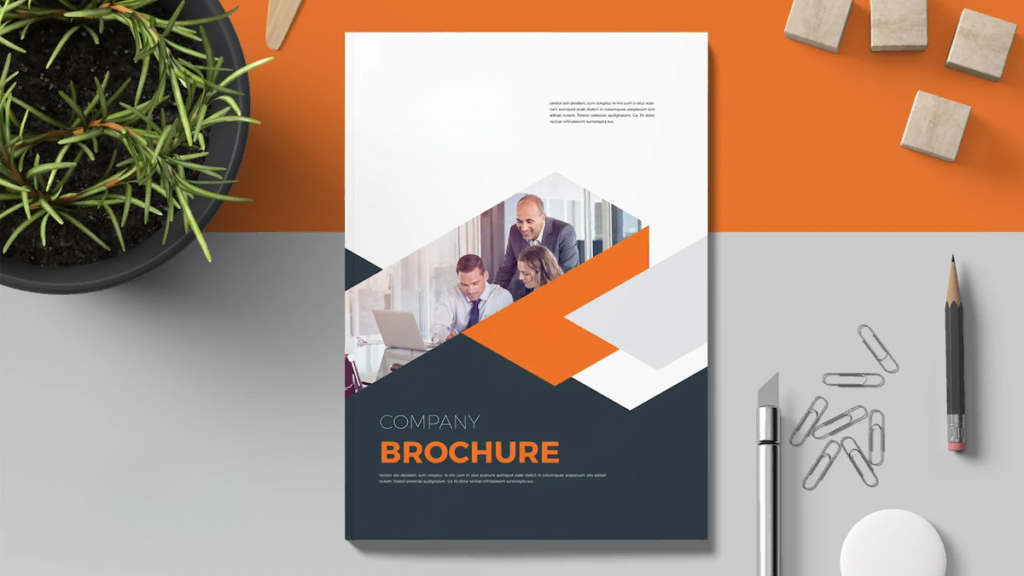 Modern company profile design template with geometric shapes in orange, white, and dark gray, featuring business team photo on cover.