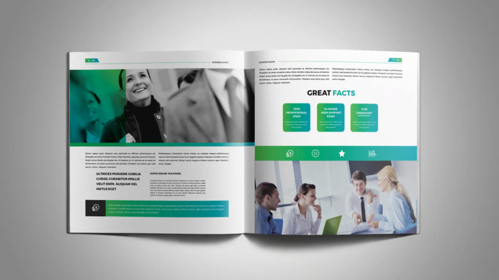 Professional company profile design template with green and white theme, featuring business team meeting, service highlights, and key company facts in a clean modern layout