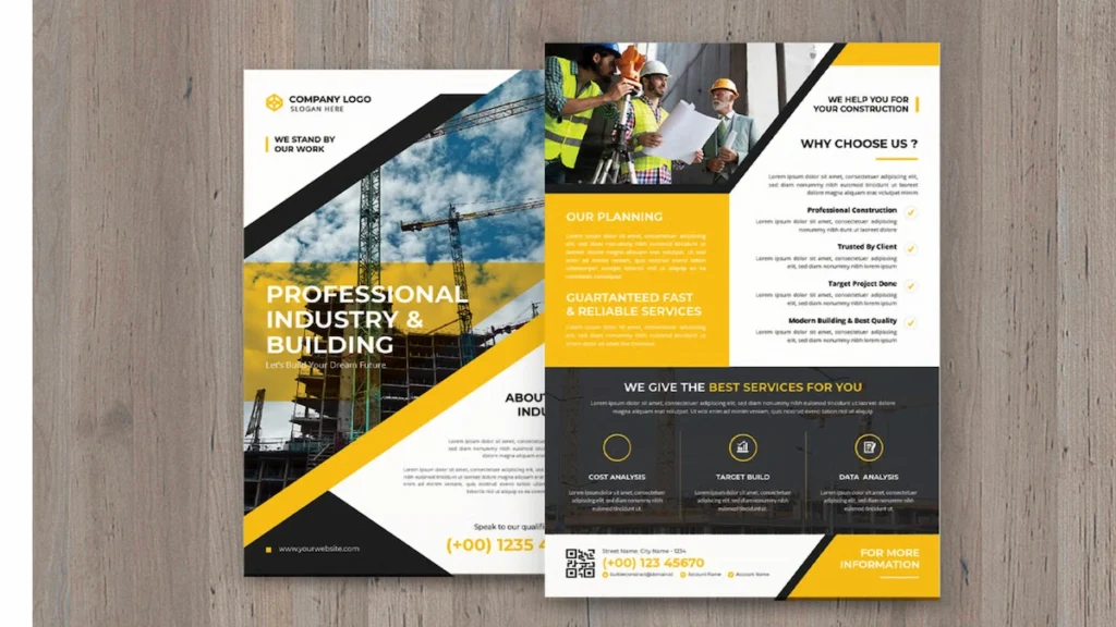 Modern construction company profile design template showcasing professional industry and building services with yellow and black accents, project planning details, and service highlights for construction businesses.
