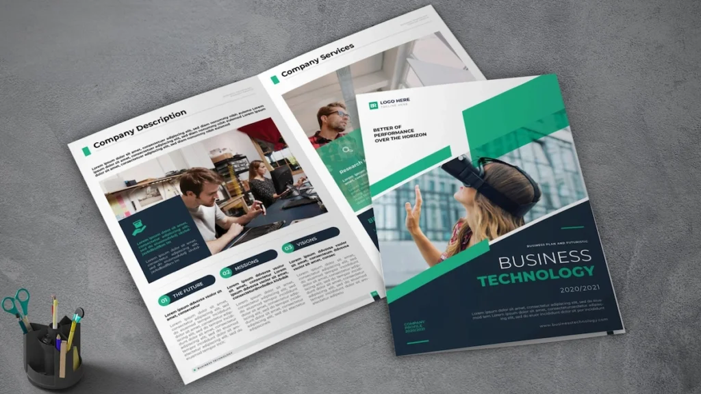 Professional business profile layout showcasing company description and services with modern design elements, green accents, and technology theme on a gray background.