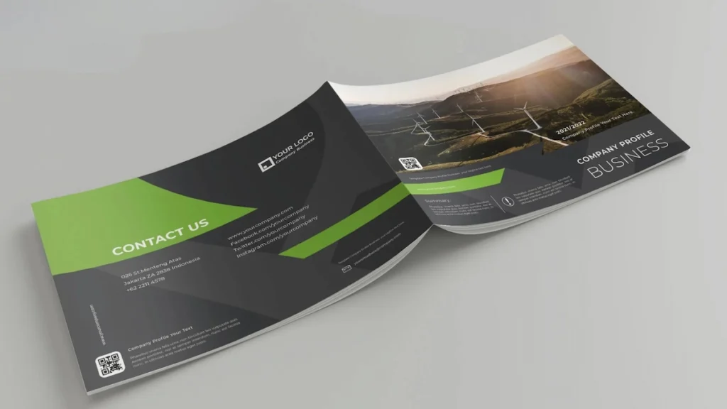 Modern business company profile brochure design with green and black layout, featuring contact details and a cover image of wind turbines symbolizing sustainability and innovation.